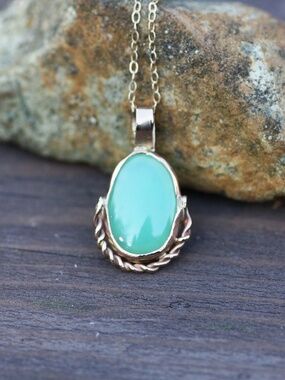 Handmade Natural Chrysoprase Pendant Solid 14K Yellow Gold   - no chain